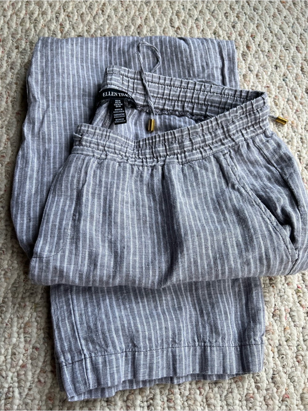 Ellen Tracy Gray Pinstripe Linen-Blend Drawstring Chinos